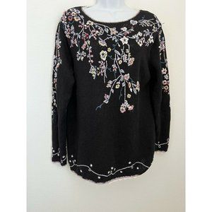 Embroidered Beaded  Crocheted Sweater Size Medium Floral Vintage Black